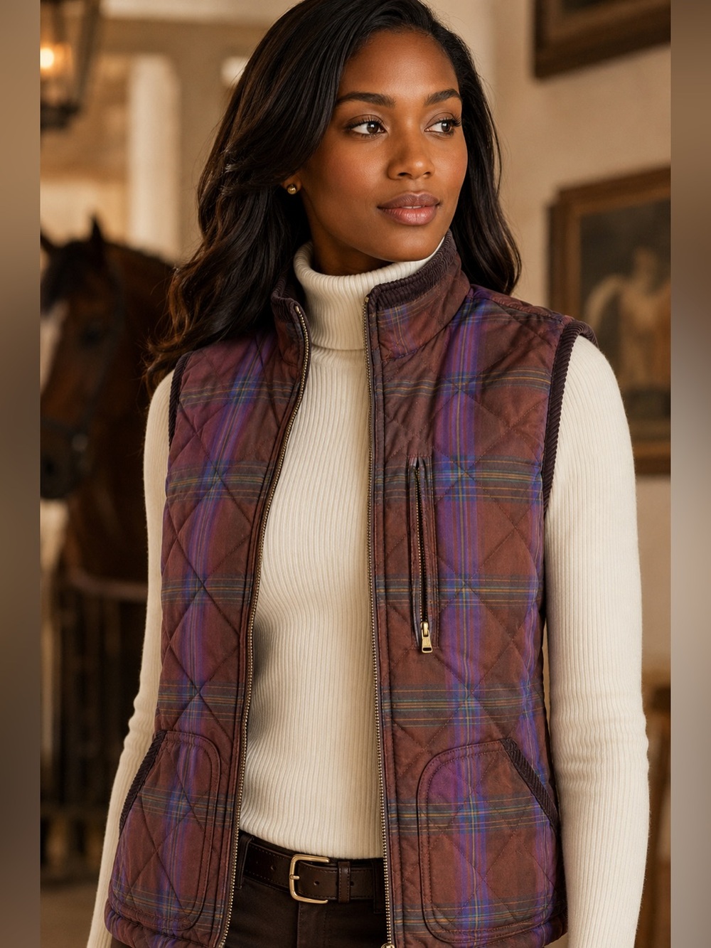 Lauren Ralph Lauren Quilted Plaid Equestrian Vest Burgundy Purple Petite S